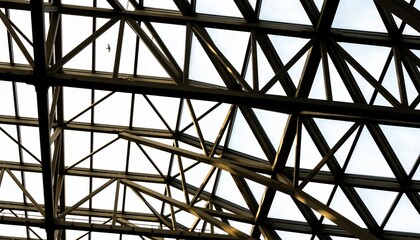 Fototapeta premium Featuring steel truss and glass skylight at station terminal, revealing bird silhouette above