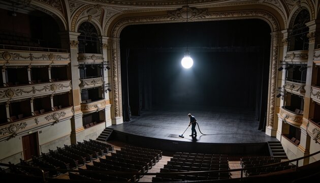 Operating vacuum, stage cleaner wearing dark workwear cleaning proscenium stage in ornate theater