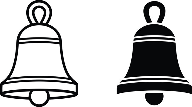 Bell icon set featuring outline and solid black vector designs of traditional church bells for notification alert and decorative holiday symbols.