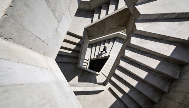 Descending man wearing dark coat, carrying small bag on concrete spiral stairs, diagonal shadows