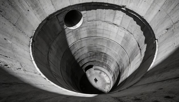 Standing small figure in dark coat occupying base inside ringed silo, pipe and shadow visible