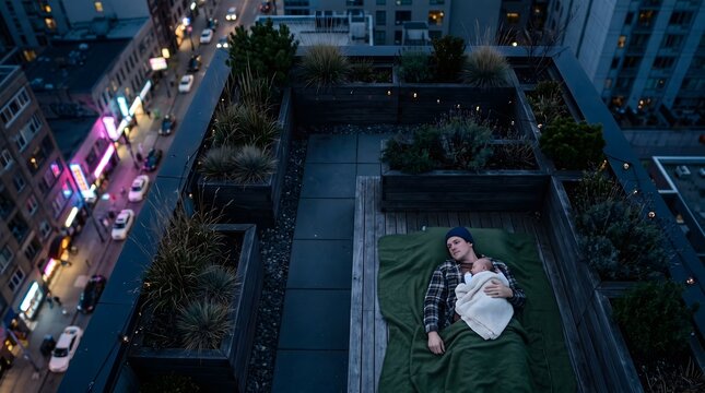Father Sleeping with Newborn on Rooftop on Father's Day