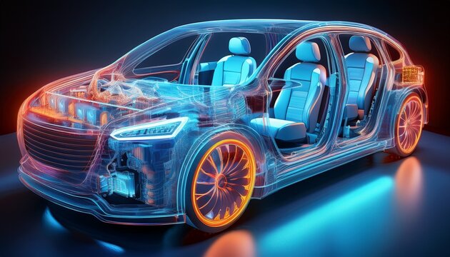 holographic visualization showcasing the internal layout and safety mechanisms of a car including airbags crumple zones and other protective features