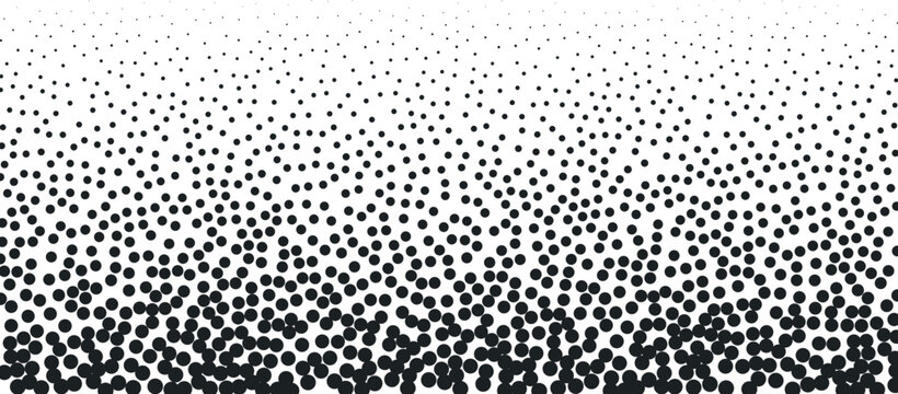 Gradient composition of black dots forming dense lower area fading into sparse upper space creating smooth halftone transition effect ideal for modern backgrounds, banners, posters and digital design