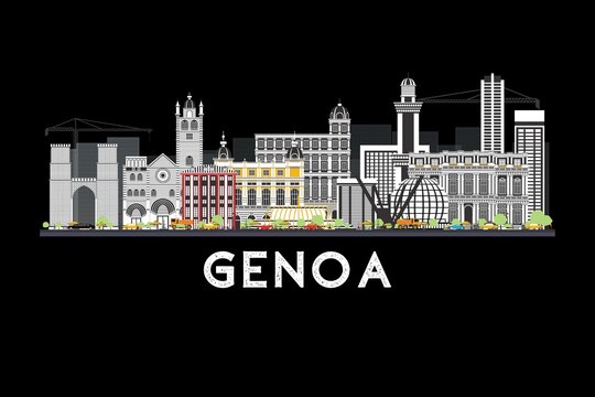 Modern Genoa, Italy skyline illustration with iconic buildings, colorful urban architecture, and black background cityscape design.