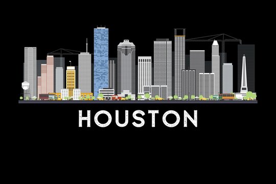 Modern Houston, Texas, USA skyline illustration with iconic buildings, colorful urban architecture, and black background cityscape design.