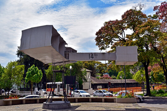 PETROPOLIS, RIO DE JANEIRO, BRAZIL - October 28, 2022: Monument to the first airplane of Santos Dumont at 14 Bis Square