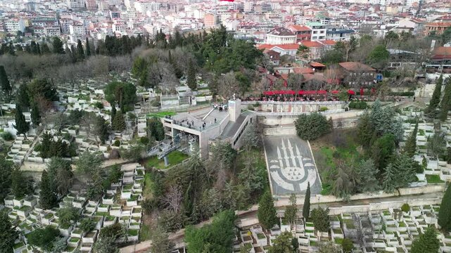 Eyup Cable Car on a hill in Istanbul Turkey, fly above shot