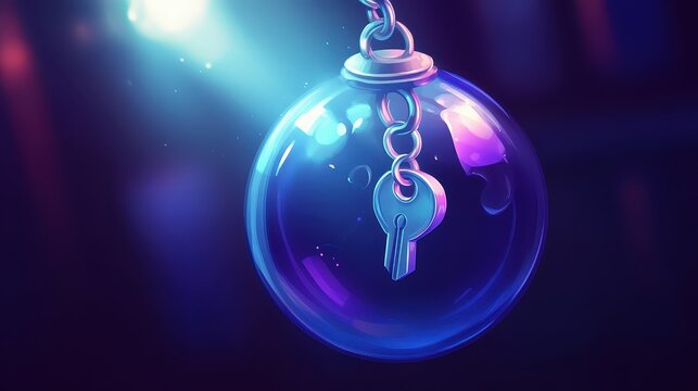 A digital key floats within a glowing holographic sphere, representing technological access and security in a futuristic concept.