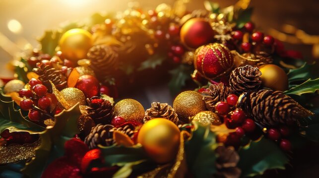 A festive Christmas wreath adorned with ornaments, pinecones, and berries, featuring warm tones and a golden glow