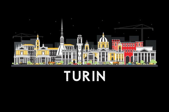 Modern Turin, Italy skyline illustration with iconic buildings, colorful urban architecture, and black background cityscape design.