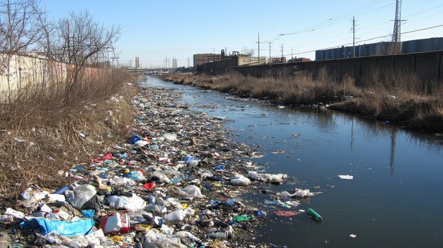 A heavily polluted urban river choked with floating trash and debris, with an industrial backdrop under a clear sky.