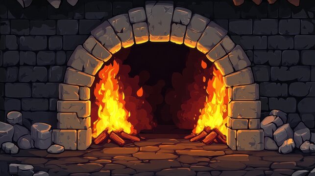 A roaring fireplace with burning logs and stone arch, radiating warmth and inviting comfort within a rustic setting.