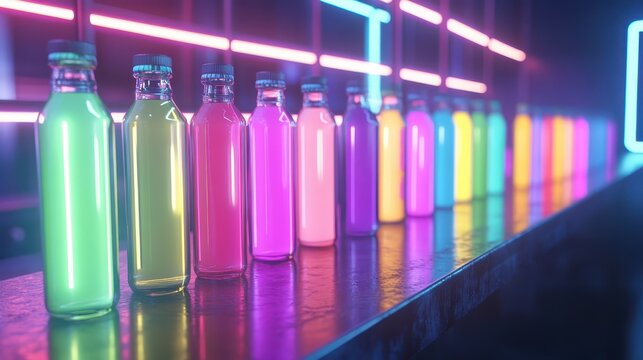 A row of colorful neon-lit energy drinks displayed on a shelf, illuminated by vibrant LED lights in a modern bar setting.