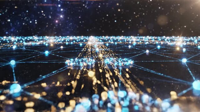 Vast network of glowing blue interconnected nodes creates a futuristic digital landscape illuminated by shimmering light particles dispersing across the cosmic expanse