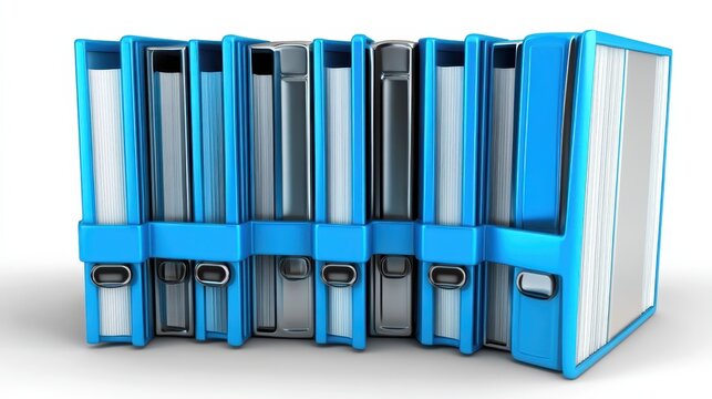 A row of blue filing binders with metal inserts neatly organized on a white background, representing efficient document management.