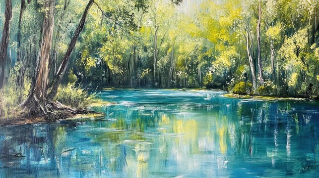 A tranquil spring lake scene with lush green trees and vibrant water reflections captured in an impressionistic painting style.