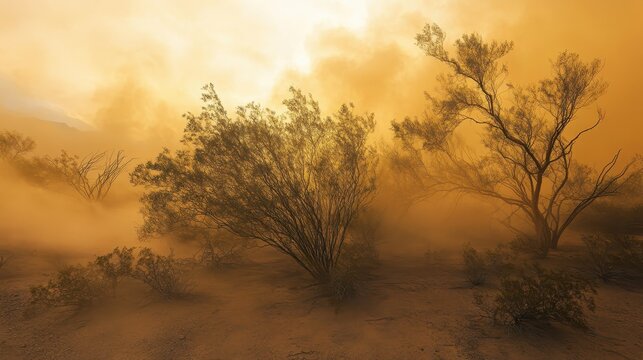 A vibrant desert dust storm obscures the arid landscape with hazy, earthy tones, creating a dramatic natural scene.