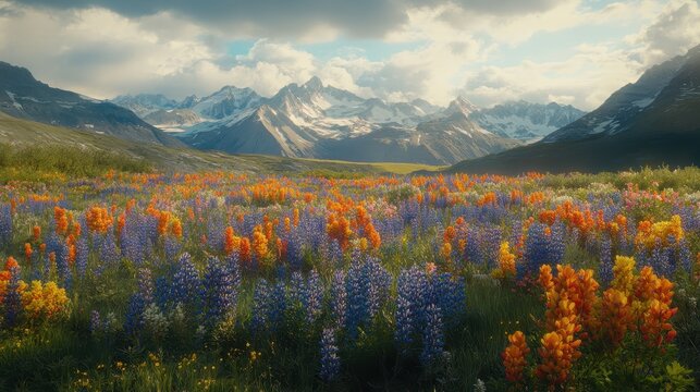 A vibrant mountain meadow filled with blooming wildflowers under a dramatic sky with snow-capped peaks.