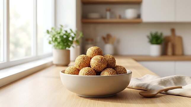 Bowl of sesame seed balls on a wooden counter