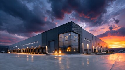 Fototapeta premium Modern industrial warehouse with solar roof and energy efficient LED lighting green logistics facility management professional photography scene