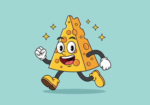 A cheerful cheese wedge character runs energetically in a vector illustration scene.
