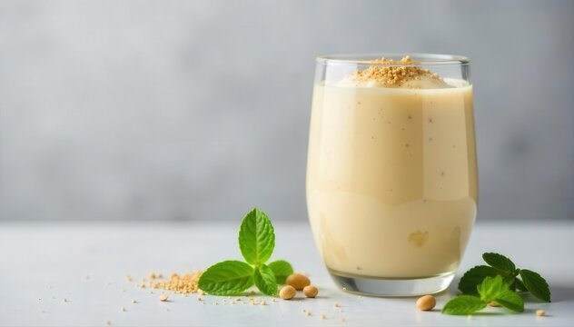 Creamy sattu flour smoothie in a glass on a light gray background, a healthy and refreshing drink option , protein, vegetarian