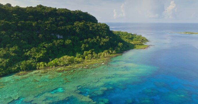 Torres Islands, Tegua's lush tropical coastline with clear turquoise sea, vibrant shallow coral reefs under a bright sky and distant horizon. Remote paradise landscape. Aerial view drone panorama