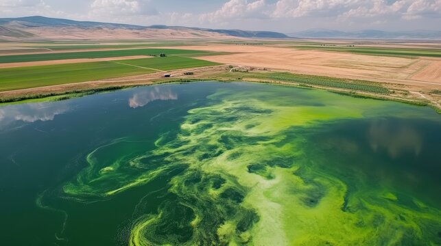 Aerial view of a polluted pond covered in vibrant green algal blooms near agricultural fields under overcast skies