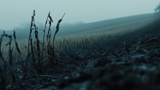 Barren farm field with dead vegetation under an overcast sky, representing environmental contamination and agricultural decline.