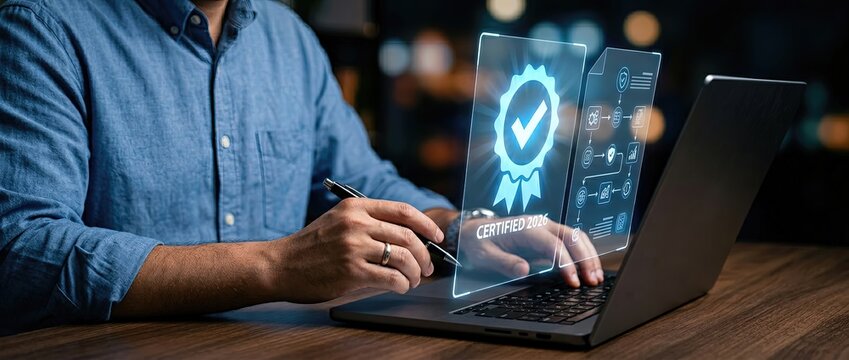 Digital certification process office setting digital content modern technology environment close-up view professional development and achievement