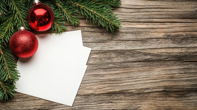Blank Christmas Card with Red Ornament and Pine Branch on Rustic Wooden Table