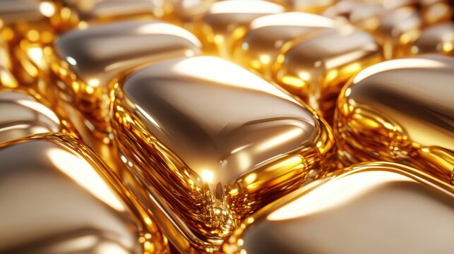 Close up of numerous highly reflective gold capsules or nuggets, suggesting wealth and investment opportunities