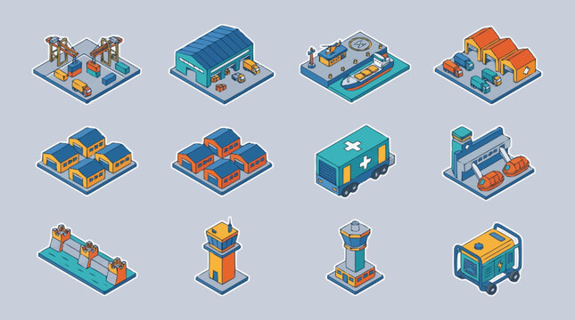 Isometric industrial factory buildings and facilities.