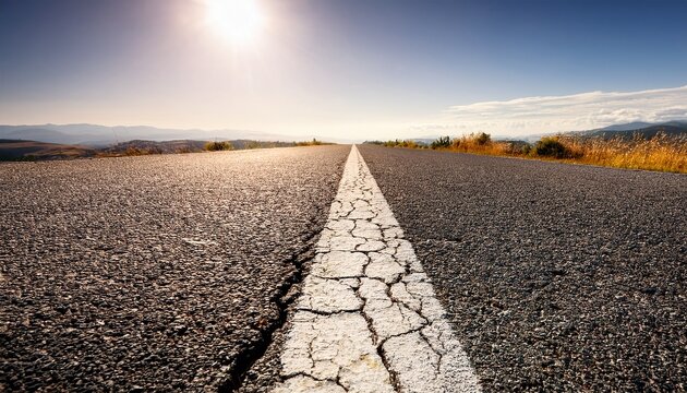 journey s divide a low angle shot showcases a detailed perspective of a cracked asphalt road the stark line of separation emphasized in sharp focus capturing the essence of a journey s path