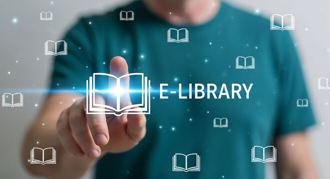Digital Library Access: A person interacts with a futuristic e-library interface, suggesting the vast world of knowledge within a click. Highlighting the fusion of learning and digital innovation.