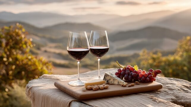Two glasses of red wine with cheese and grapes on wooden board overlooking mountain valley at sunset