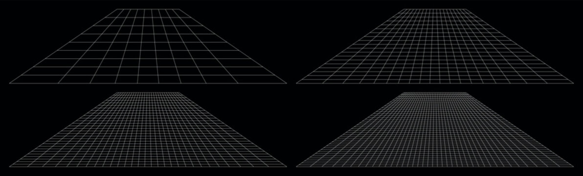 Minimal perspective grid floors on black background with thin white lines showing spatial depth and distance clean geometric wireframe surfaces digital design visualization modern abstract environment