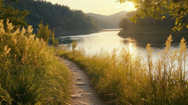 A winding dirt path alongside a sunlit river bordered by lush golden grasses and trees during golden hour