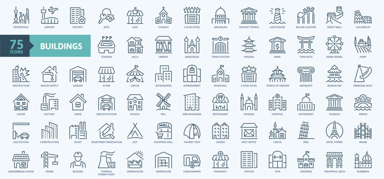 Building minimal thin line web icon set. Outline icons collection. Simple vector illustration.	