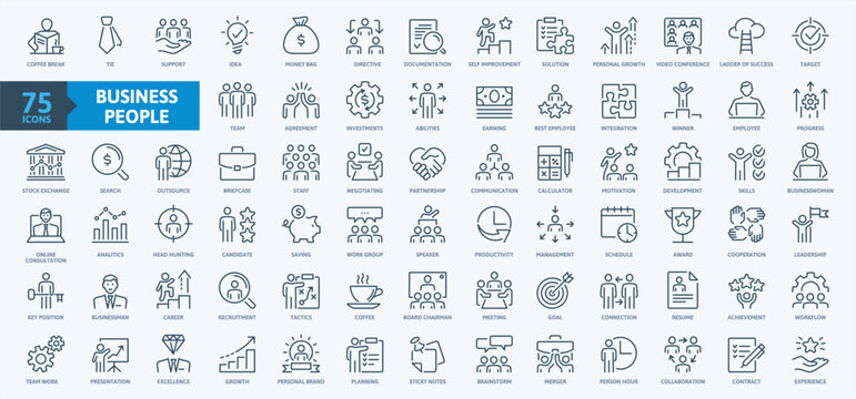 Business people, human resources, office management - thin line web icon set. Outline icons collection. Simple vector illustration.	