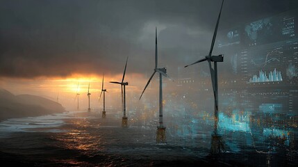 Obraz premium Modern offshore wind farm aerial view sunset ocean waves holographic energy output charts renewable power infrastructure professional landscape photography