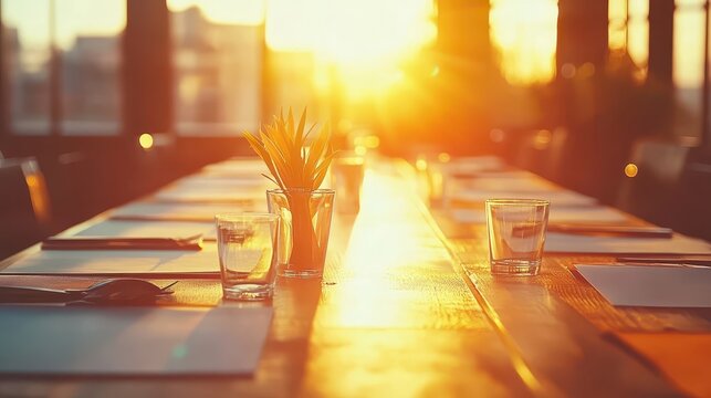 Beautifully Set Outdoor Dining Table Bathed in Golden Hour Sunlight with Glasses and Greenery