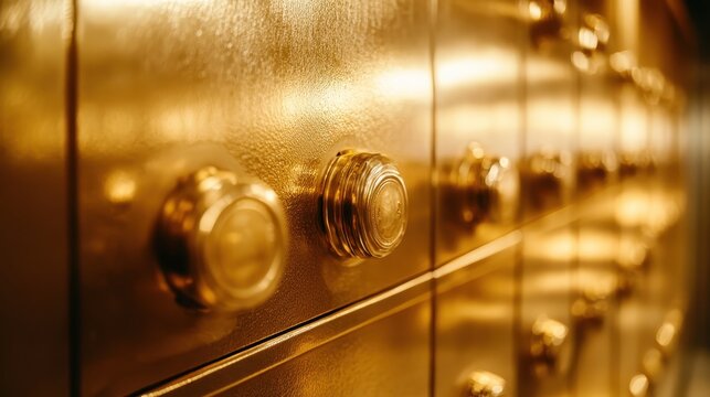 Detailed close-up of ornate gold vault doors showcasing luxurious security and wealth with intricate knobs.