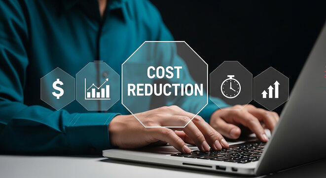 Cost Reduction: A person engages with financial technology. Focus on business strategy of cost reduction by computer with symbol of money and graph and time.