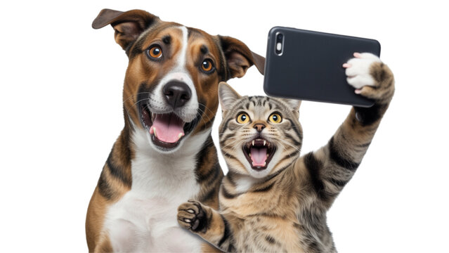 Two happy dogs holding a selfie phone and taking a picture together