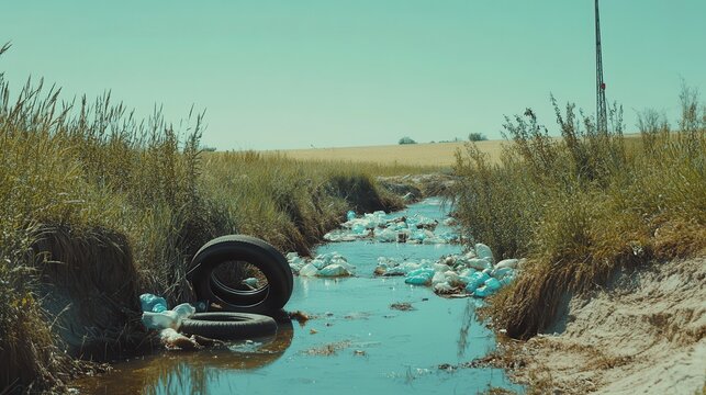 Discarded tires and plastic waste choke a rural ditch, polluting the natural waterway.