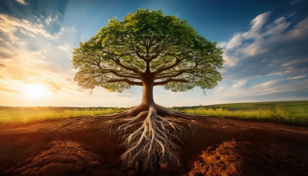 thriving tree with its roots reaching deep into the ground and branches stretching towards the sky symbolizing growth evolution and the cycle of life