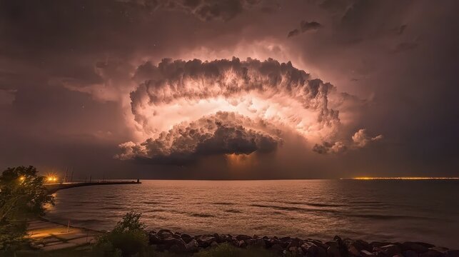 Dramatic coastal storm with turbulent waters and luminous cloud formations over the ocean
