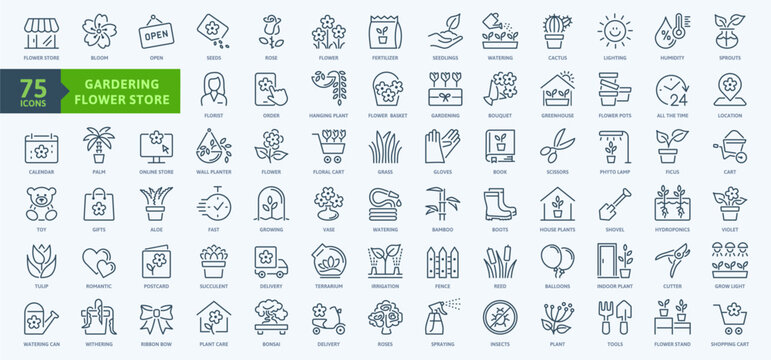 Flower store and Gardening elements - minimal thin line web icon set. Outline icons collection. Simple vector illustration.	